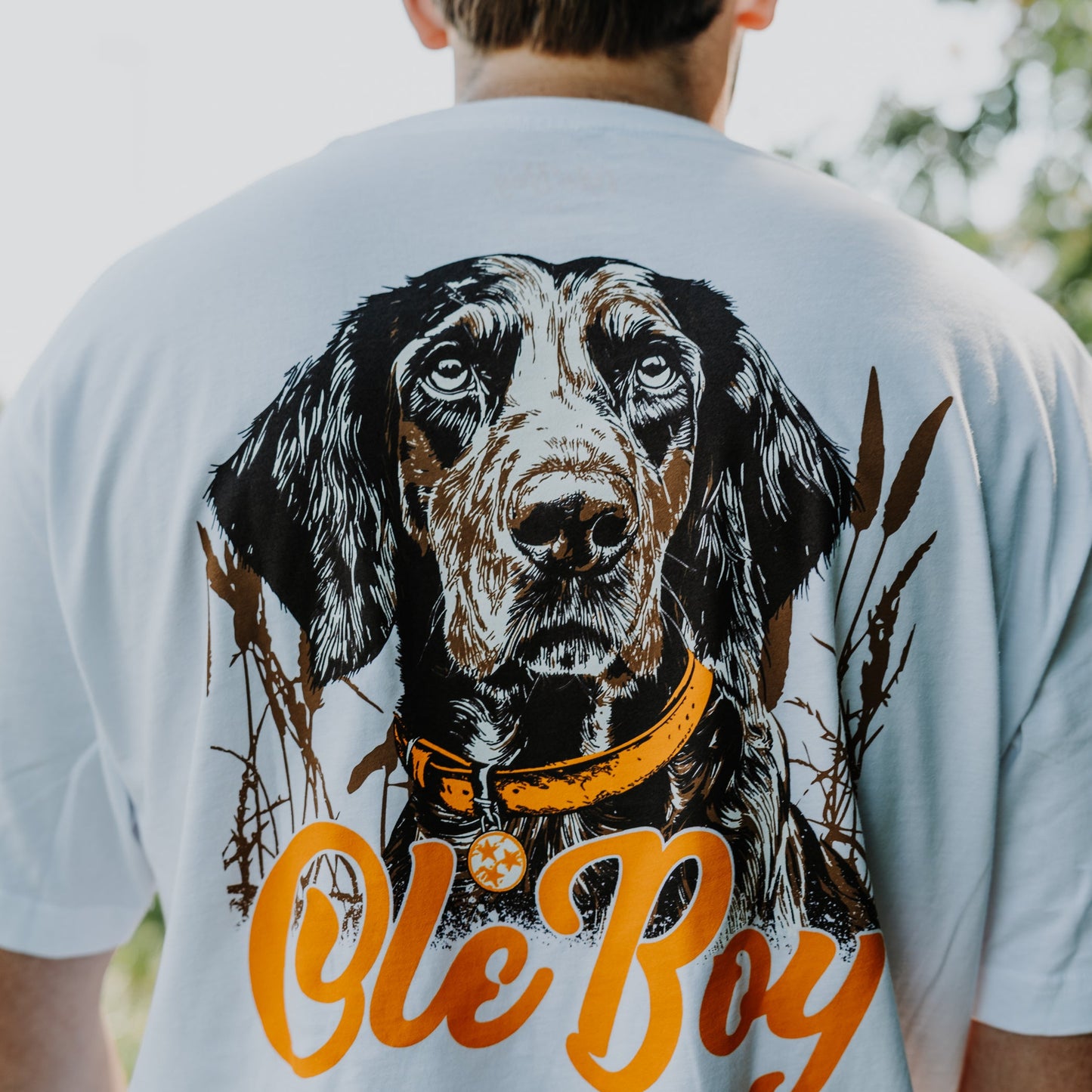Person wearing a t-shirt with a dog illustration and 'Ole Boy' text.