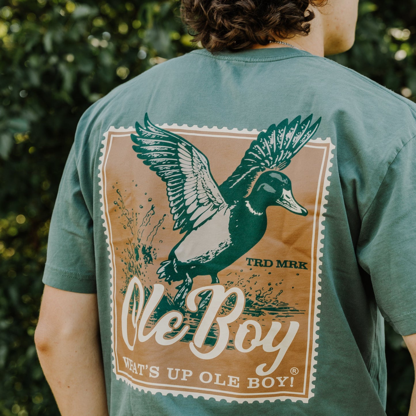 Person wearing a green t-shirt with a duck graphic and 'Ole Boy' text.