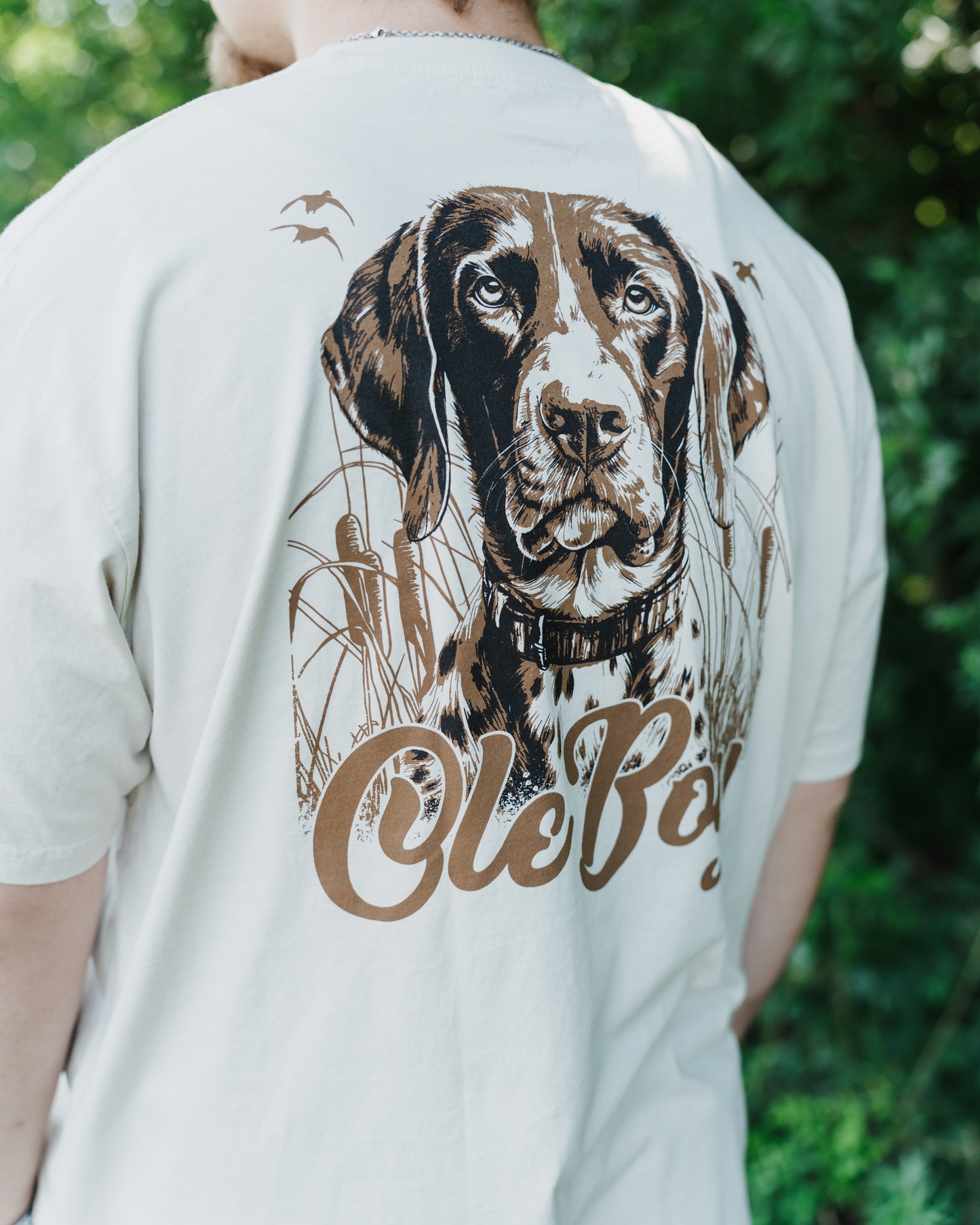 Person wearing a t-shirt with a GSP dog illustration and 'Ole Boy' text.
