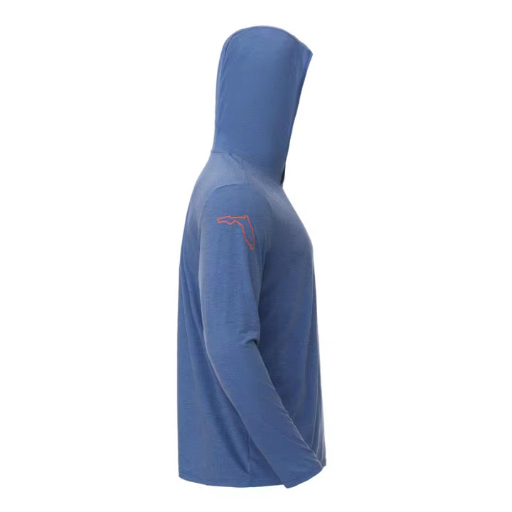 Blue hoodie with a logo on the sleeve against a white background