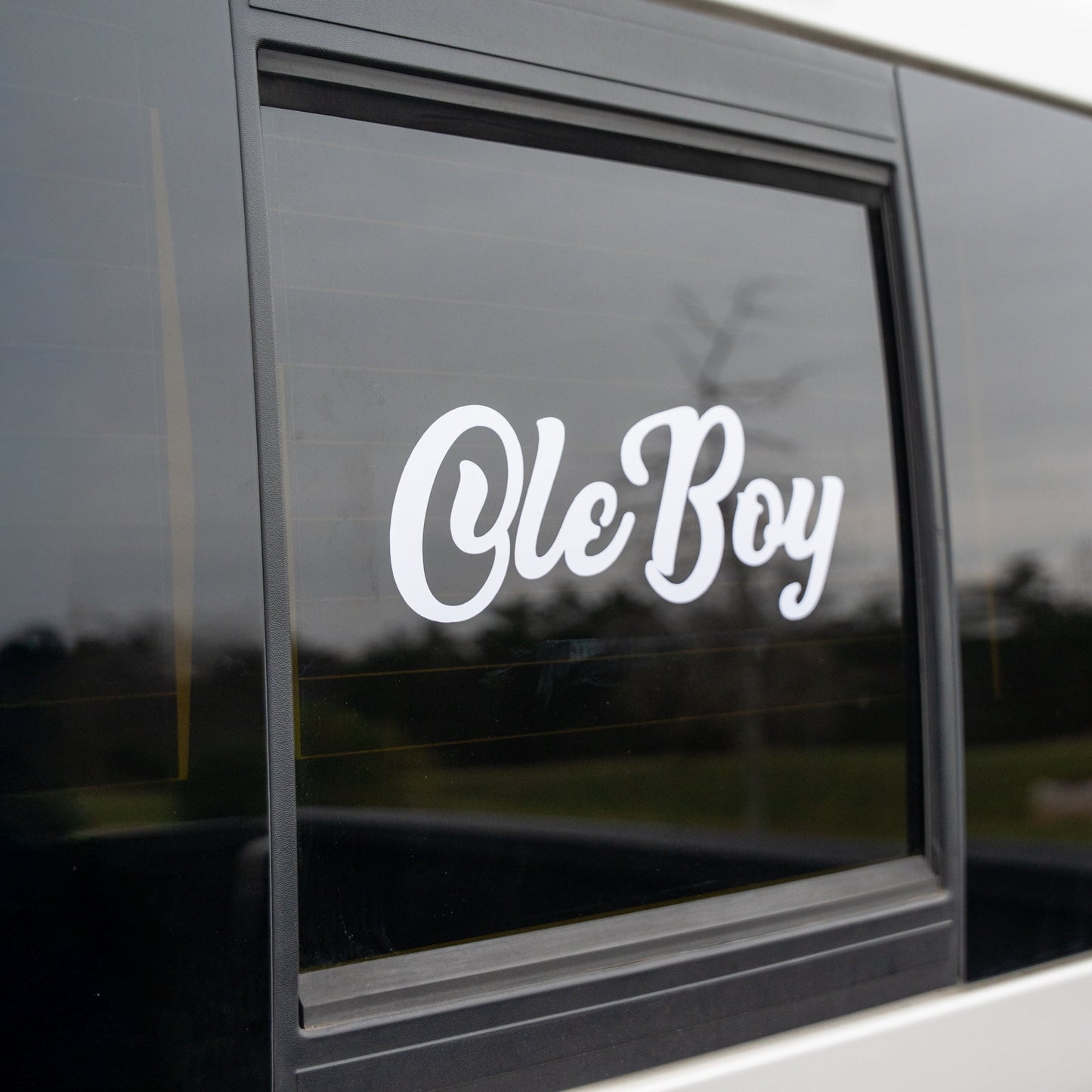 Window with 'Ole Boy' decal on a vehicle, reflecting trees and sky.