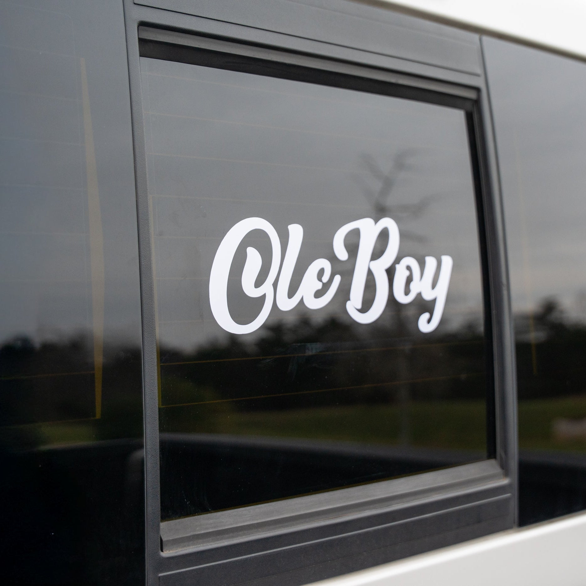 Window with 'Ole Boy' decal on a vehicle, reflecting trees and sky.