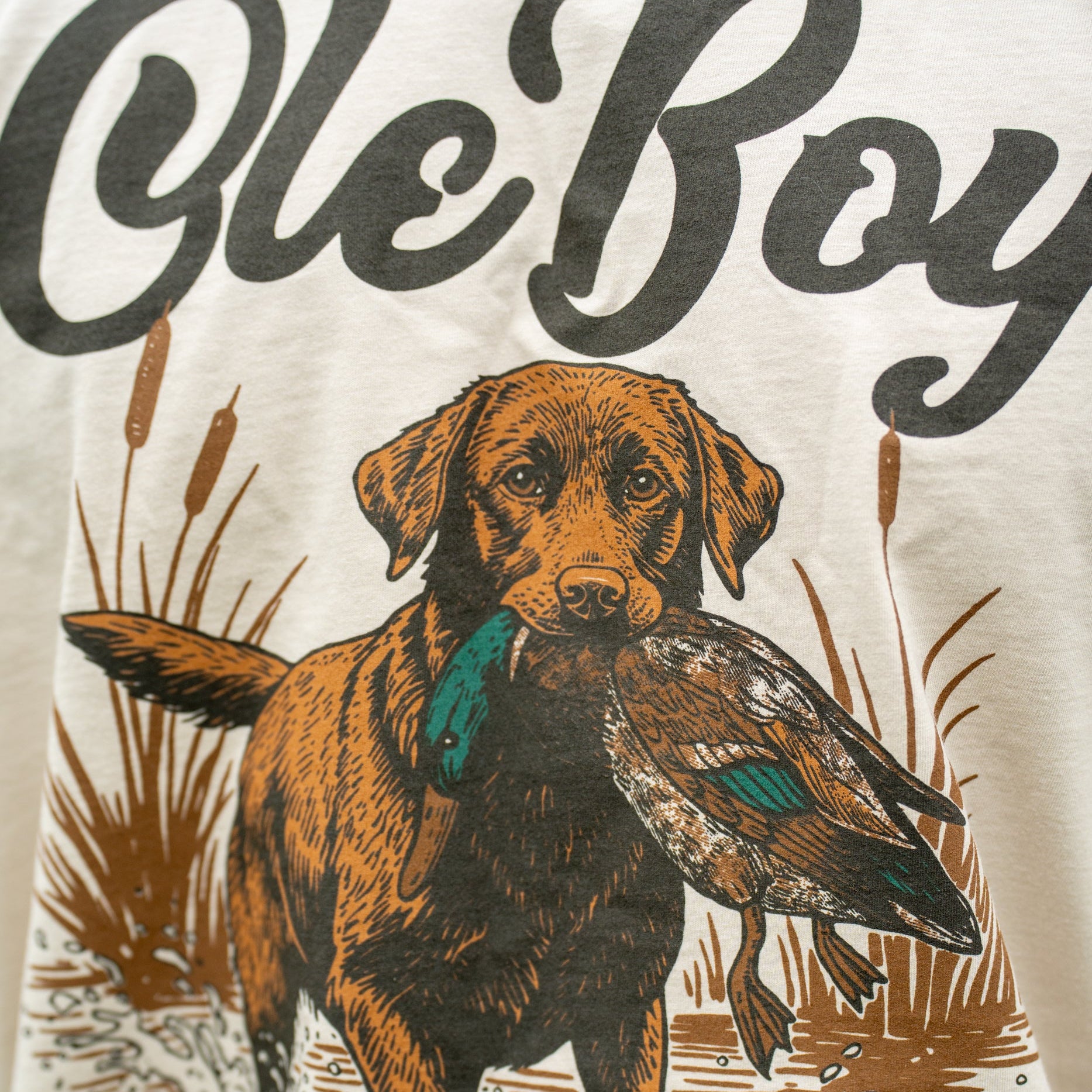 T-shirt with a graphic of a dog holding a duck and the text 'Ole Boy' on a beige background.