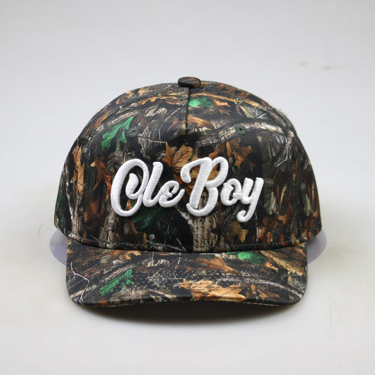 Camouflage cap with 'Ole Boy' text on a white background
