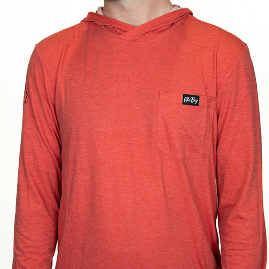 Red hoodie with a brand logo on a white background