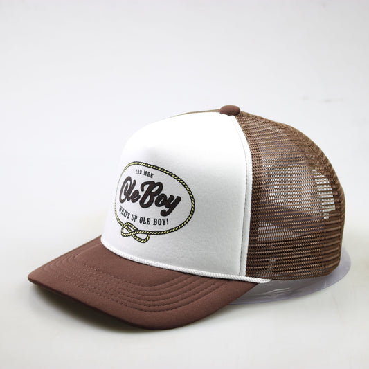 Brown and white trucker hat with mesh back on a white background