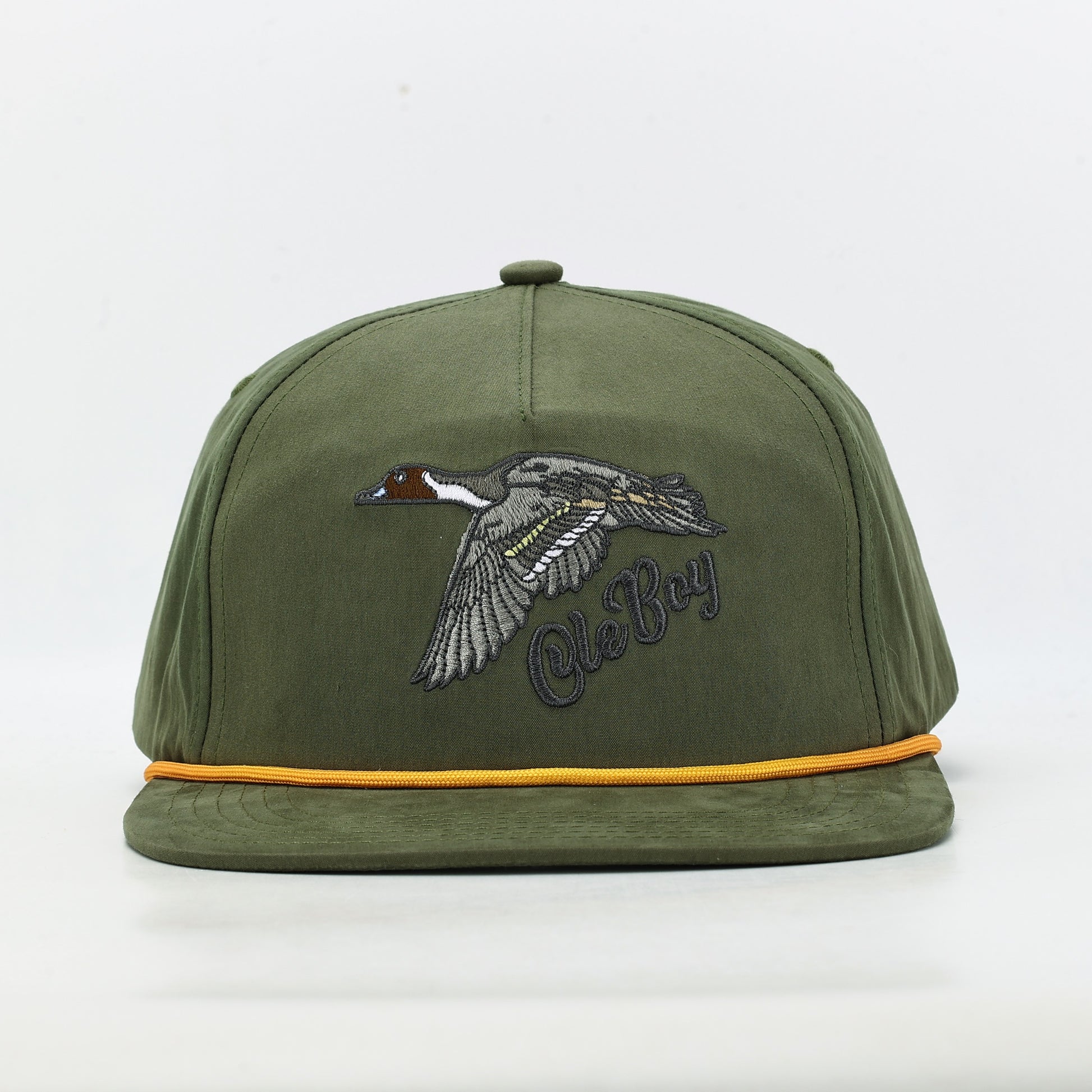 Green cap with duck design and 'Ole Boy' text on a white background