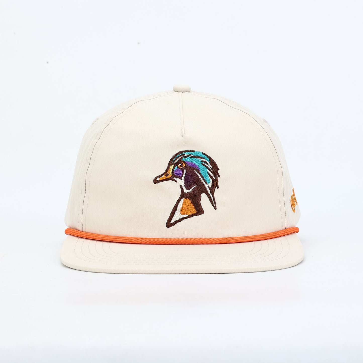 Beige cap with a colorful duck logo on a white background