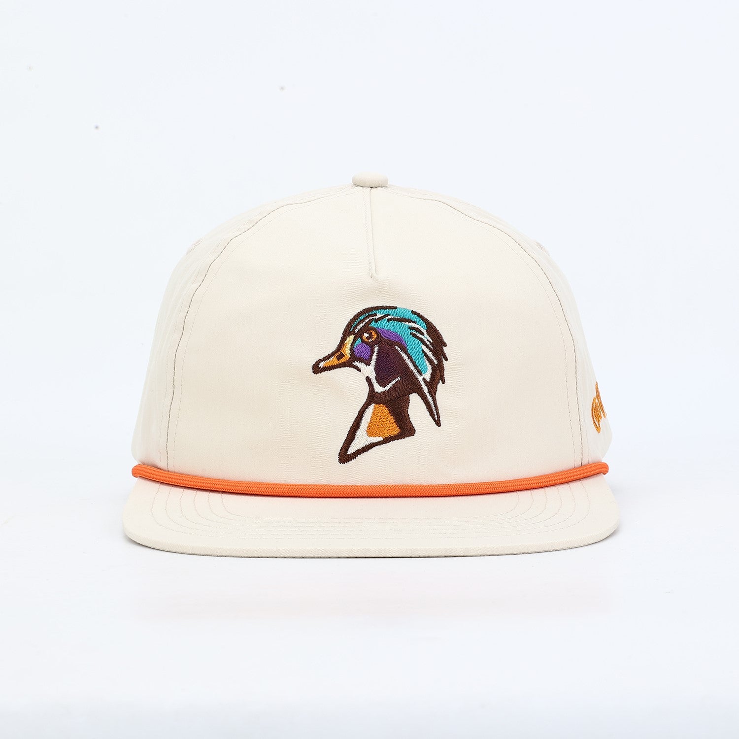 Beige cap with a colorful duck logo on a white background