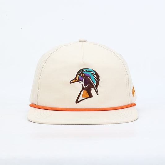 Beige cap with a colorful duck logo on a white background