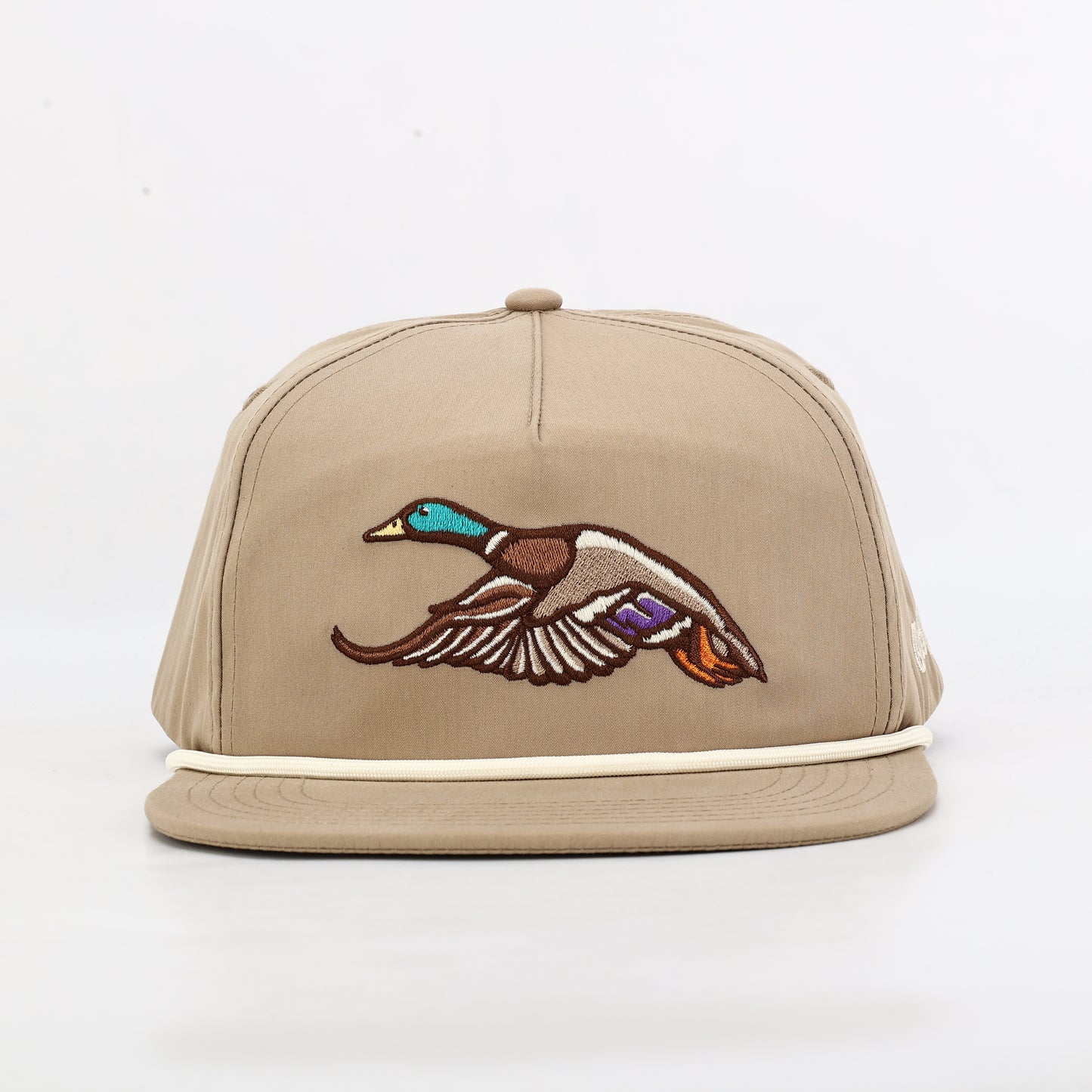 Beige cap with a duck embroidered on a white background