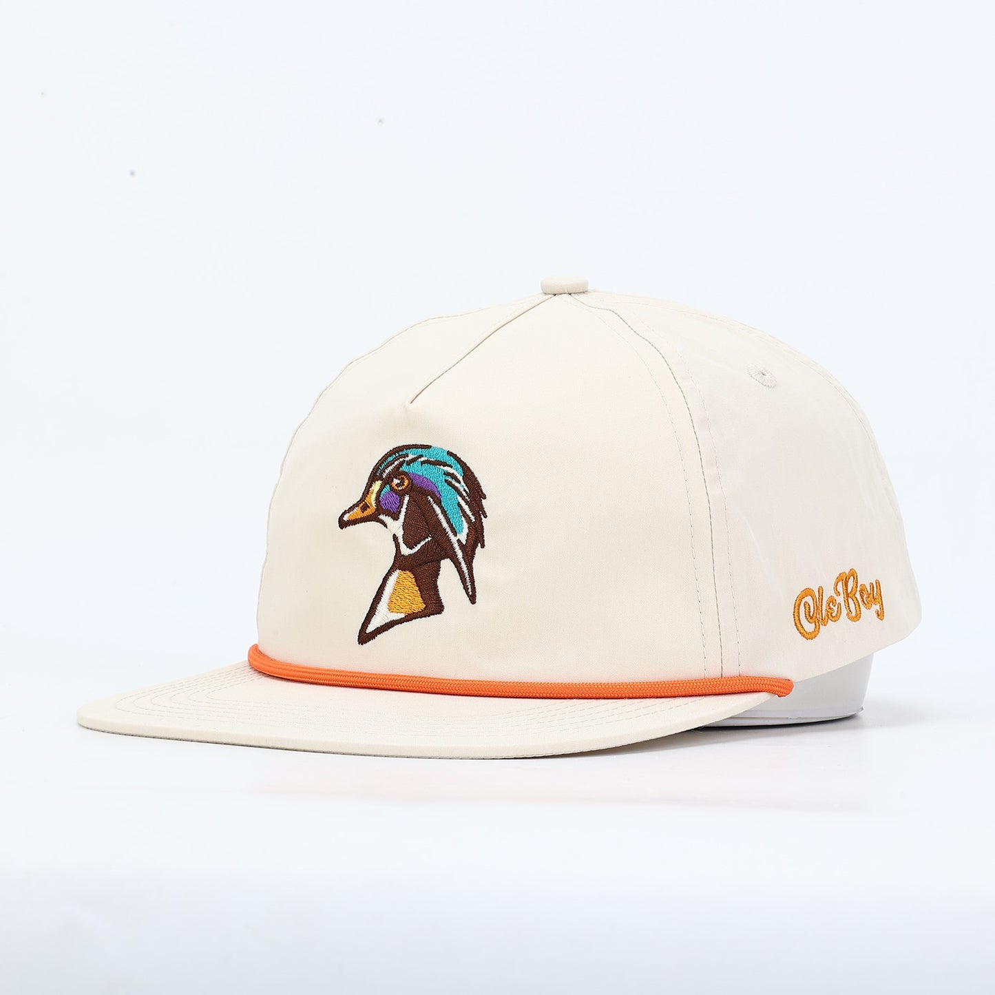 White cap with colorful duck logo and 'Ole Boy' text on a white background