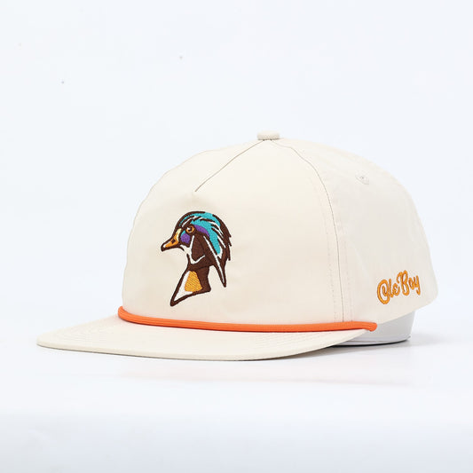 White cap with colorful duck logo and 'Ole Boy' text on a white background
