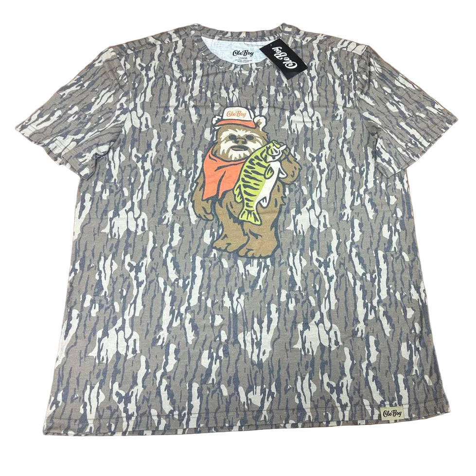 Camouflage-patterned t-shirt with a bear holding a fish graphic on a white background